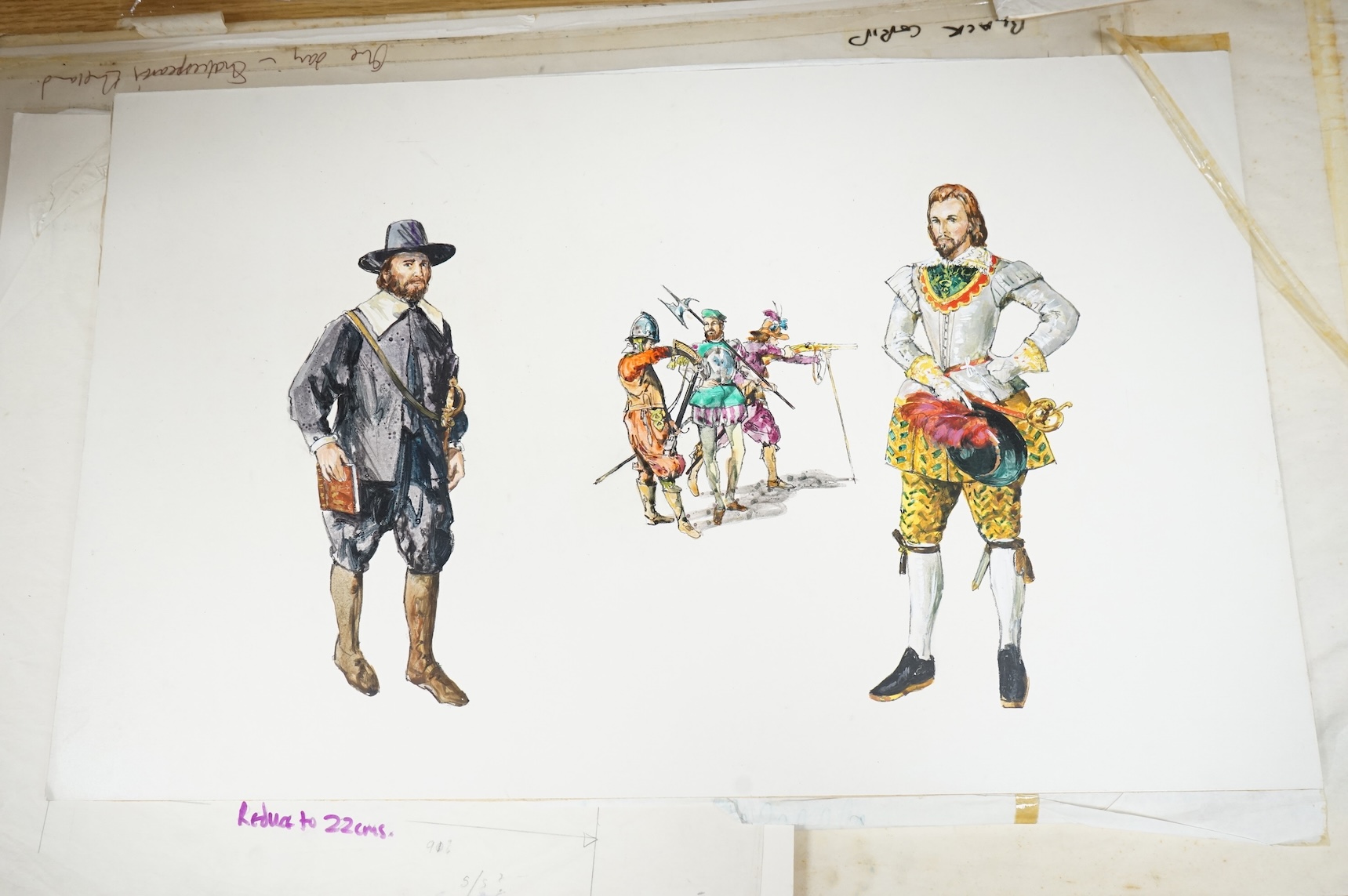 Gordon King, a collection of original illustrations for 'One day in Shakespeare's England' to include a copy of William Shakespeare's signature, The Globe Theatre and figures in 17th century dress, largest 45 x 95cm, unf